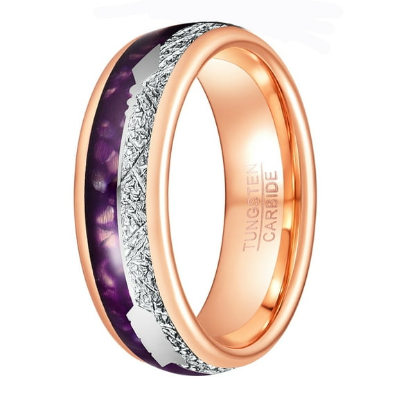 8mm Arrow Tungsten Wedding Ring Purple Agate & Meteorite Inlay Rose Gold Plated Polished Finish Size 7-12