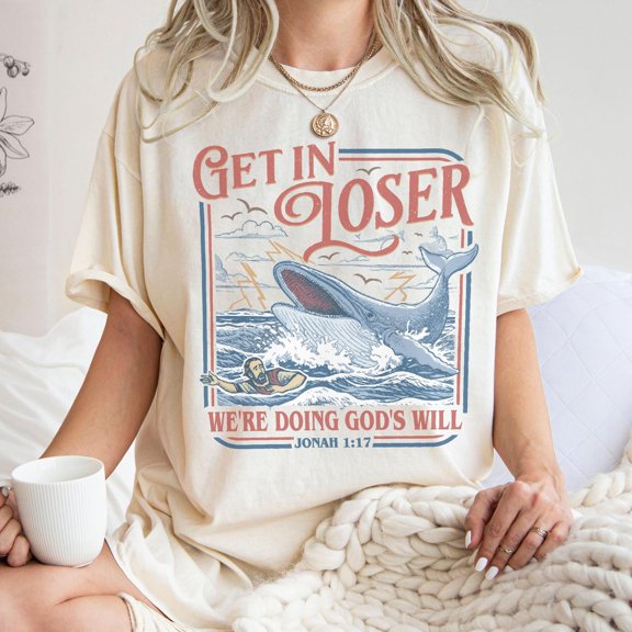 LOVETEE Get in Loser We're Doing God's Will Funny Christian Shirt, Jonah and the Whale Bible Verse Shirt, Faith Based Gift, Religious Humor Tee, Black S