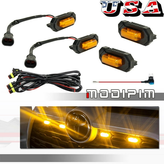 4 Pack Amber Lens Front Grill / Grille Mesh LED Light Kit for for Toyota RAV4 2019-2022-