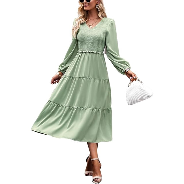 Vestido casual fruncido para mujer, manga larga, cuello redondo
