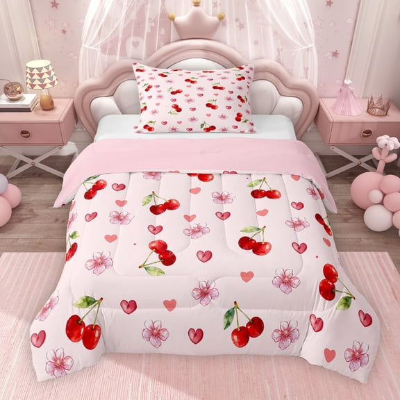 Erosebridal Chic Cherry Blossoms Twin Comforter Sets for Girls, Cherry Print Bedding Set, Pink Reversible 2 Pieces, 1 Comforter and 1 Pillowcase