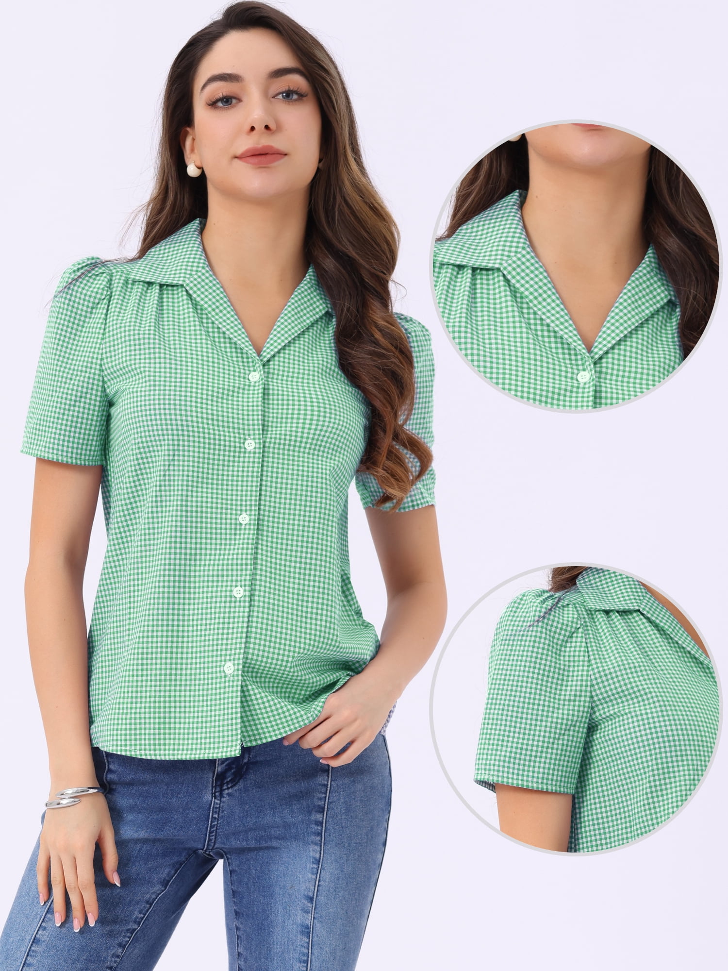 DARING DIVA Women's Plaid Puff Sleeves Gingham Blouse Shirt M Light Green