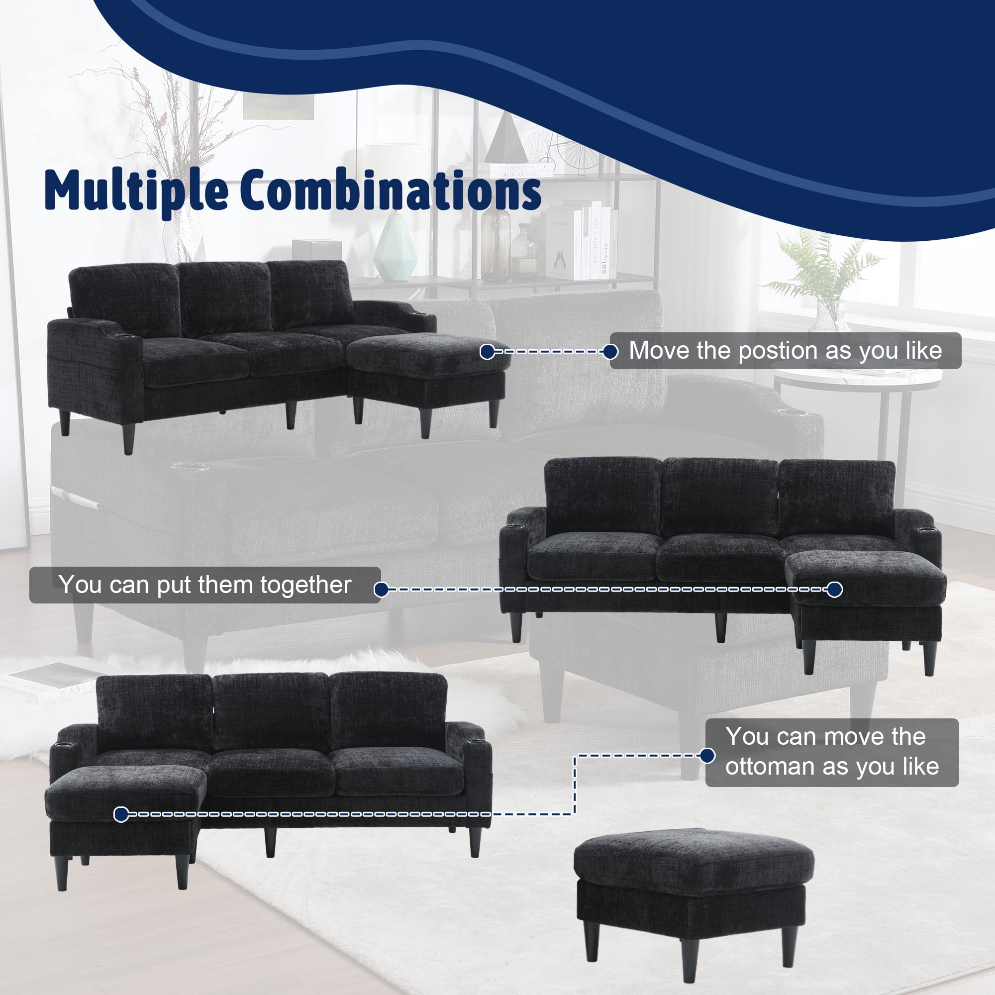 MOONMISS Chenille Upholstered L-Shaped Living Room Sofa with Storage Ottoman-Black