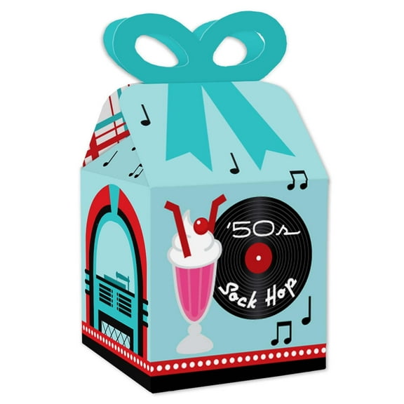 Big Dot of Happiness 50's Sock Hop - Square Favor Gift Boxes - 1950s Rock N Roll Party Bow Boxes - Set of 12