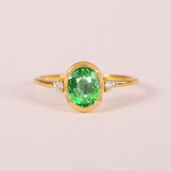 Oval Green Sapphire & Diamond Ring, Half Bezel Three Stone Ring, 925 Sterling Silver Ring, Birthstone Ring, Anniversary Gift For Women