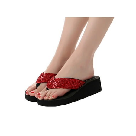 

Audeban Women s Glitter Platform Sandals Shiny Thong Sandals Non-slip Wedge Heel Flops Size 5-9