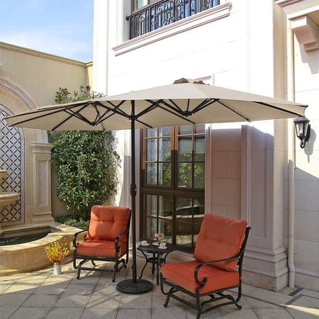 15 x 9ft Double-Sided Market Outdoor Patio Umbrella with Crank, Waterproof, UV Protection, Tan