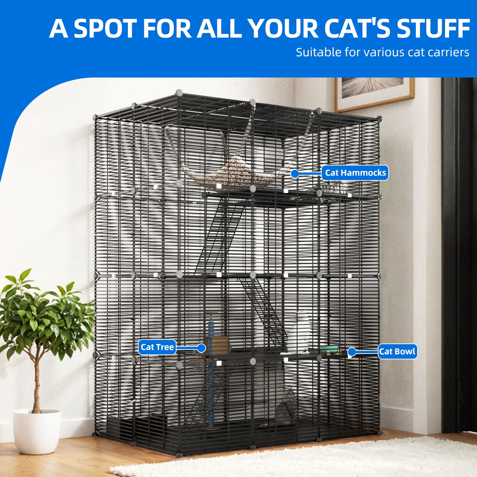 Uforic 55" Large 4 Tier Cat Cage, Indoor Cat Enclosures with Large Hammock, DIY Cat Playpen Metal Kennel for 1-3 Cats,28"L x 41"W x 55"H,Black