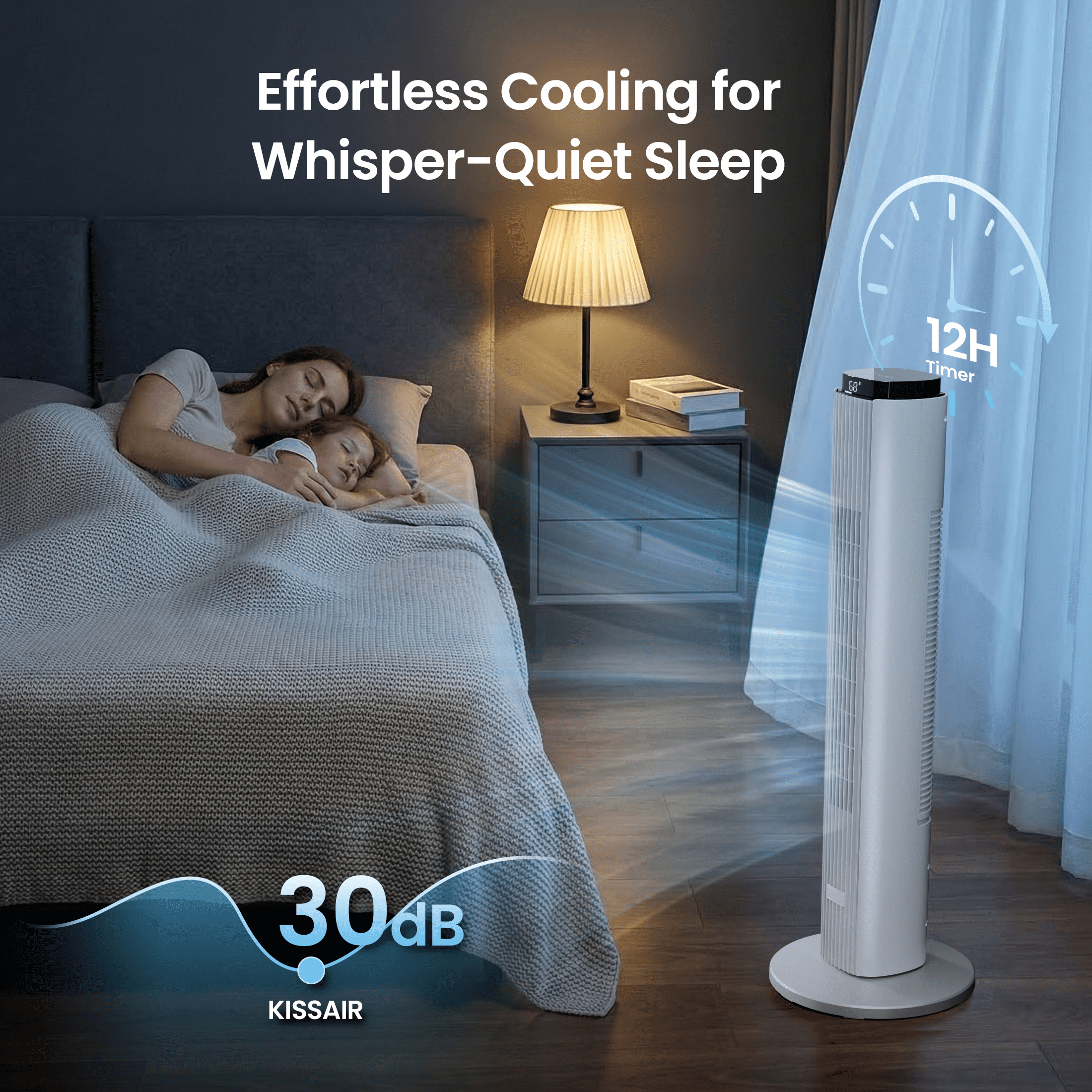 KISSAIR 37" Tower Fan with Remote, 6 Speeds, 4 Modes, LED Display, 12H Timer, 90 ° Oscillating, Bladeless Quiet Fan for Bedroom, Home & Office, White