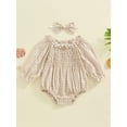 thumbnail image 4 of Hirigin Newborn Infant Baby Girl Cotton Linen Plaid Romper 0 3 6 12 18 Months Off Shoulder Long Sleeve Smocked Bodysuit with Headband, 4 of 8