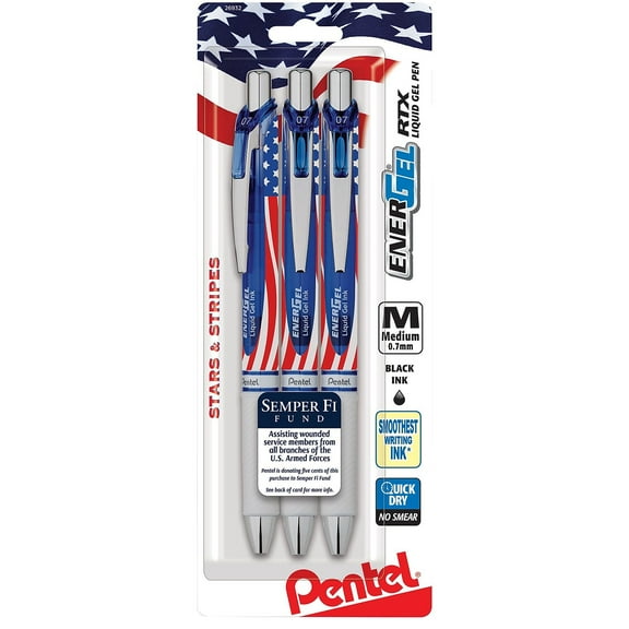 EnerGel RTX Stars and Stripes Gel Pen Retractable Medium 0.7 mm Black Ink Red/White/Blue Barrel 3/Pack BL77USABP3A