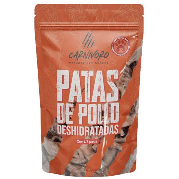 Premio Deshidratado de Patas de Pollo, Carnivoro Pet Snacks, Pouch 7 piezas