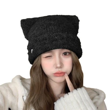 AJGRHE Women Winter Cat Ears Hats Soft Slouchy Striped Knitted Warm Cap Black One Size