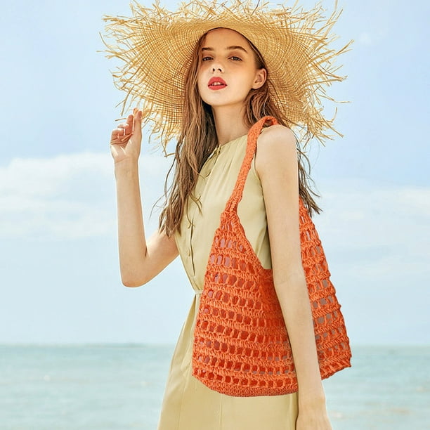 Mochila de paja de ganchillo para mujer, bolso de hombro con solapa y cordón, bolso de mano informal para playa, bolso de paja para niñas, bolso cruzado de playa de verano