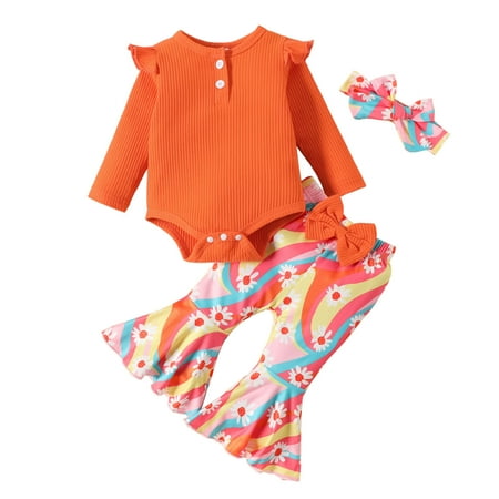 

TJAZFJPA Baby Girl Outfits Newborn Months Fall Girls Long Sleeve Ribbed Romper Bodysuit Floral Prints Bell Bottoms Pants Outfits Two Piece Outfit Newborn Outfits Girl