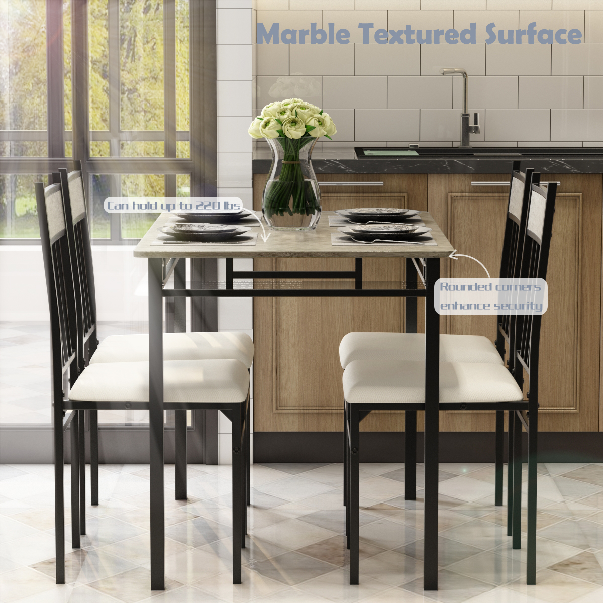 Costway 5 Piece Faux Marble Dining Set Table and 4 Chairs Kitchen Breakfast Furniture Grey - image 4 of 7