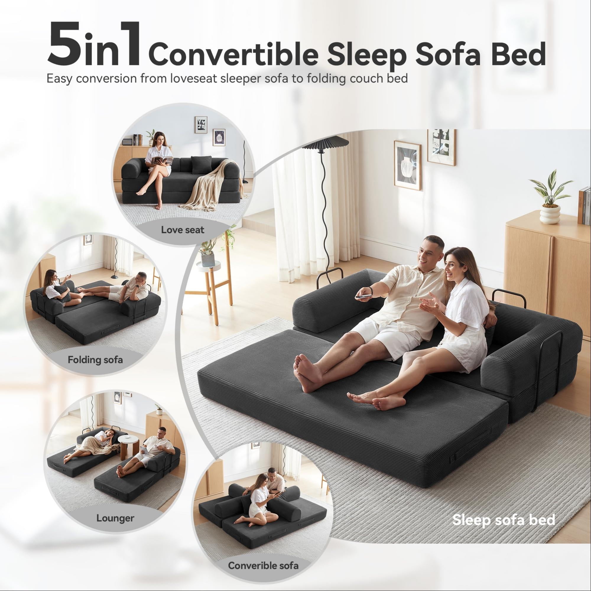 Aukfa 79" Chaise Futon Convertible Sofa Bed Boneless Couch with Fixed Frame, 2 Pillows, King Size, Corduroy, Black