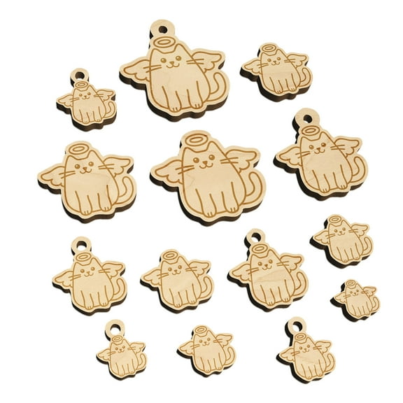 Cat Angel Wood Mini Charms Shapes DIY Craft Jewelry - With Hole - 30mm (6pcs)