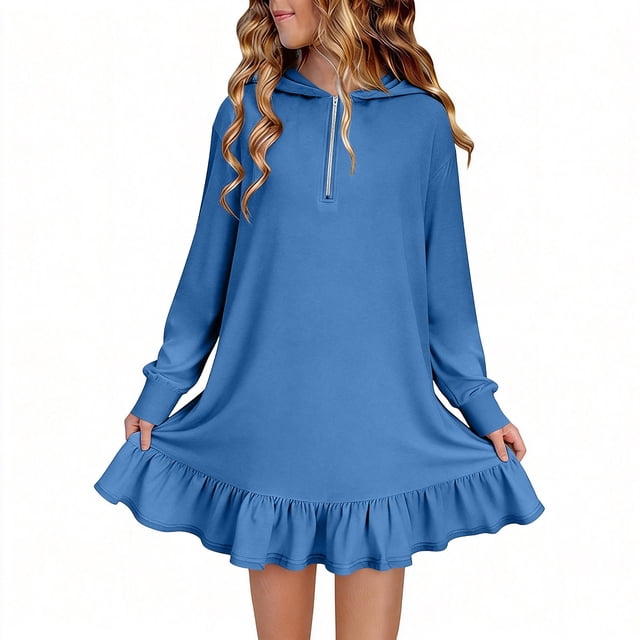 Tauxra Robe à Capuche Unie pour Femmes Robe Décontractée à Manches Longues avec Ourlet à Volants Robe Chandail pour Usage Quotidien
