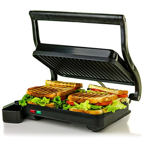 Ovente GP0620B 2 Electric Panini Press Grill and Gourmet Sandwich Maker with Auto Shut-Off, Drip Tray Included, Nickel Brushed, 2-Slice (Black)