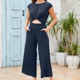 thumbnail image 3 of ICHUANYI Liquidación 2 piezas moda mujer cuello redondo sólido manga corta Top + pantalones de bolsillo sueltos traje ICHUANYI WER202308251621, 3 of 7