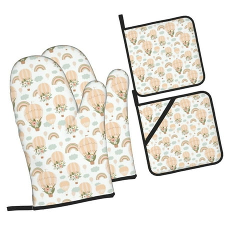 

Zeuib Air Balloon and Flower Oven Mitts and Potholders BBQ Gloves Kitchen Oven Glove High Heat Resistant 500 Degree Extra Long Oven Mitts and Potholder with Non-Slip Silicone Surface for Cooking