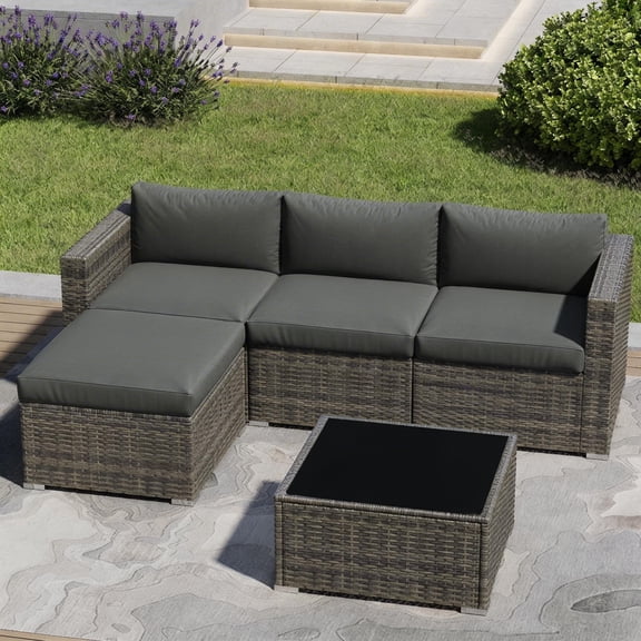 CozyHome 5-Piece Patio Furniture Set, All Weather Wicker Patio Conversation Seating Sets with Ottoman and Coffee Table, Outdoor Modular Sectional Sofa Couch for Porch Balcony Backyard Deck, Grey