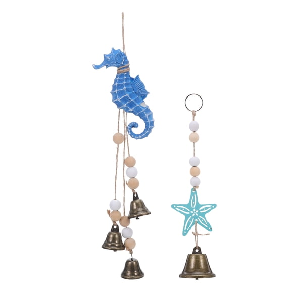 DEEPCRAFF 2Pcs Mediterranean Style Wooden Wind Chimes with Seahorse and Metal Tubes for Coastal Wall Decor
