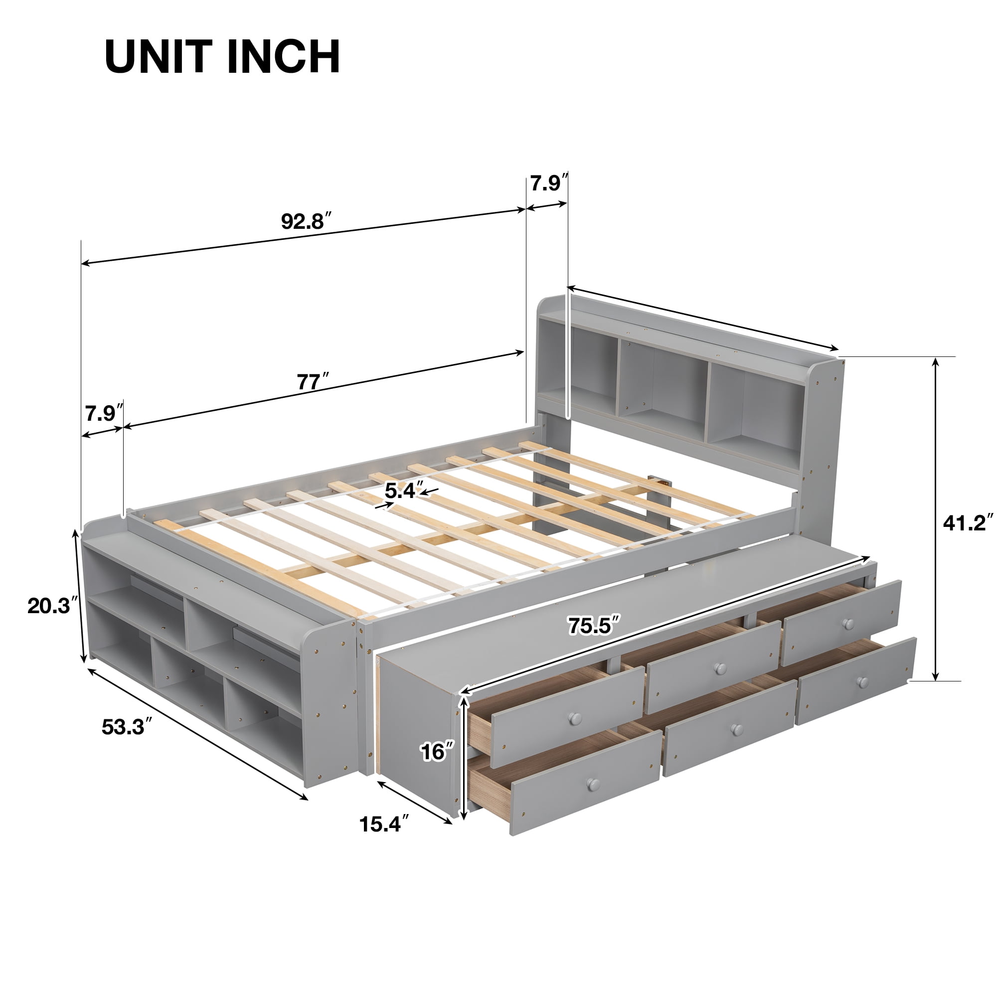 Sailvan Full Size Platform Bed Frame with Bookcase Headboard, 6 Storage Drawers and Bed End Case Grey