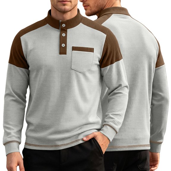 LYSMORA Men's Color Block Waffle Knit Lapel Button Pullover Tops, Long Sleeve Loose Casual Golf Shirts With Chest Pocket