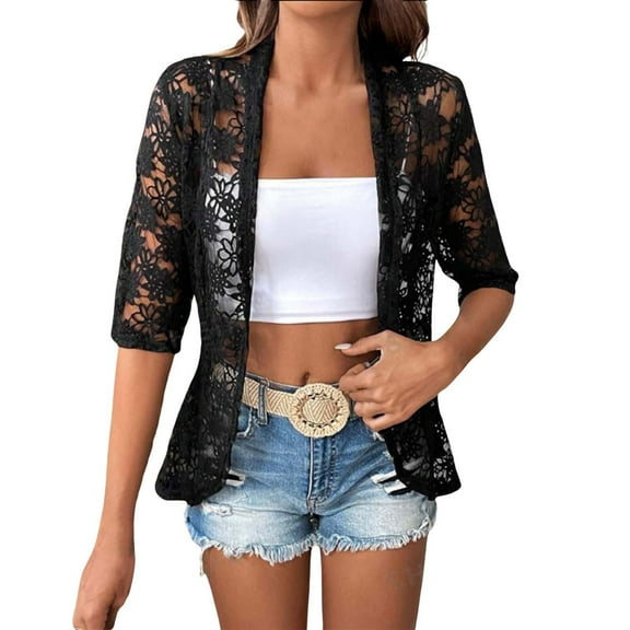 BODOAO Women's 3/4 Sleeve Open Front Cropped Lace Cardigan Summer Lightweight Hollow Out Knit Shrug Women's Autumn Patterned Lace Hollow Lace Solid Color Five Quarter Sleeved Cardigan Black L