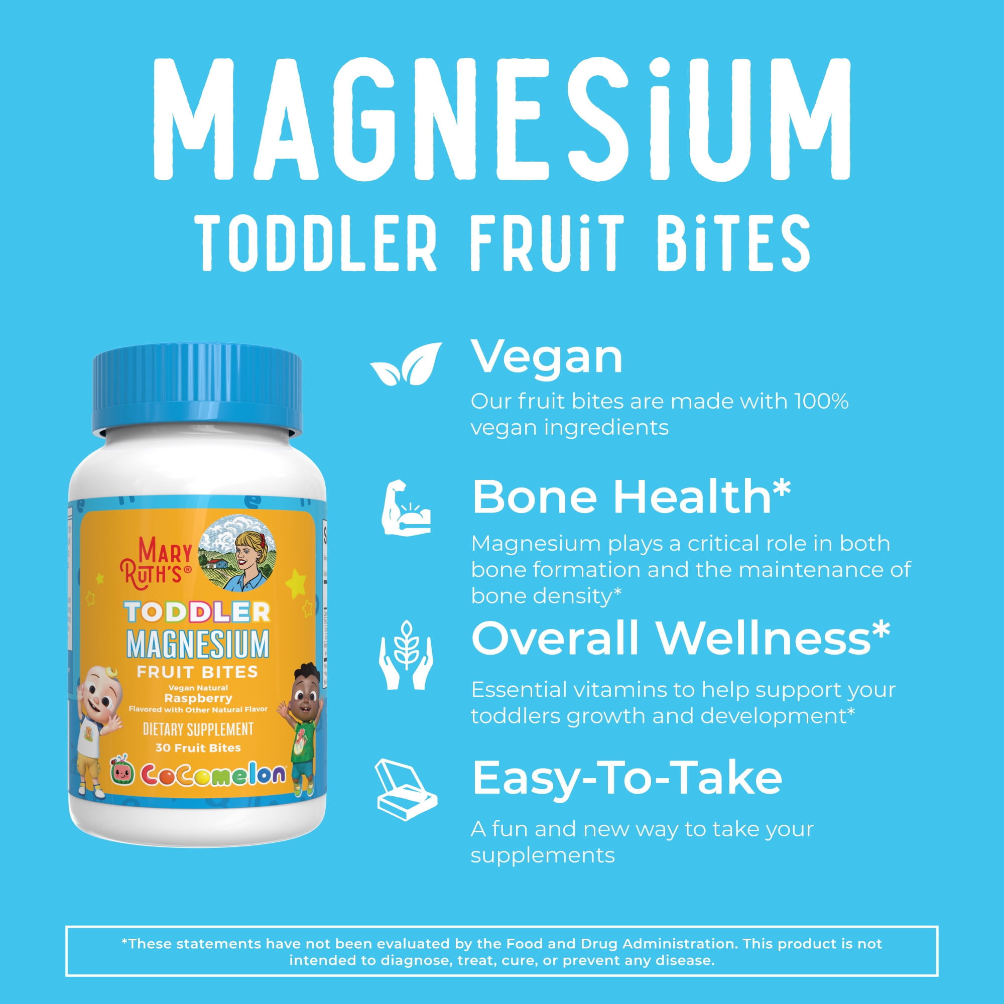 MaryRuth Organics Cocomelon Toddler Magnesium Fruit Bites, Calcium Absorption and Gut Health for Children's Health, 30 Count