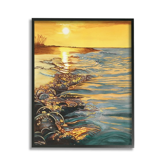 Stupell Industries Sunset over Beach Ripples Landscape Painting Black Framed Art Print Wall Art, 11 x 14