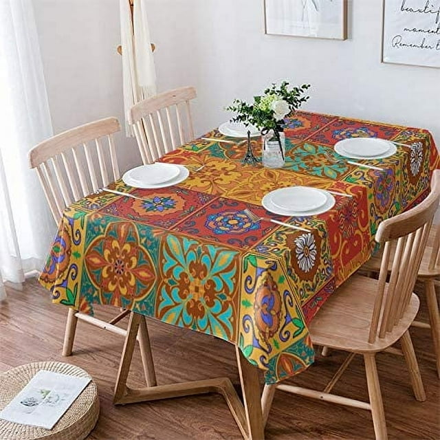 Orange Tablecloth Rectangle/Oval Retro Boho Geometric Floral Plaid Table Cloth Outdoor Waterproof Orange Tablecloths for Party Picnic Indoor Table Cover for Dining/Kitchen 60x84inch