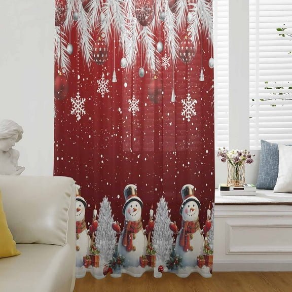 Red Christmas Semi Sheer Curtains Drapes for Living Room, Bedroom, French Doors Window 96 Inches Long, Xmas Snowflake Balls Tree Rod Pocket Chiffon Curtain Drapery Voile Draperies Panel
