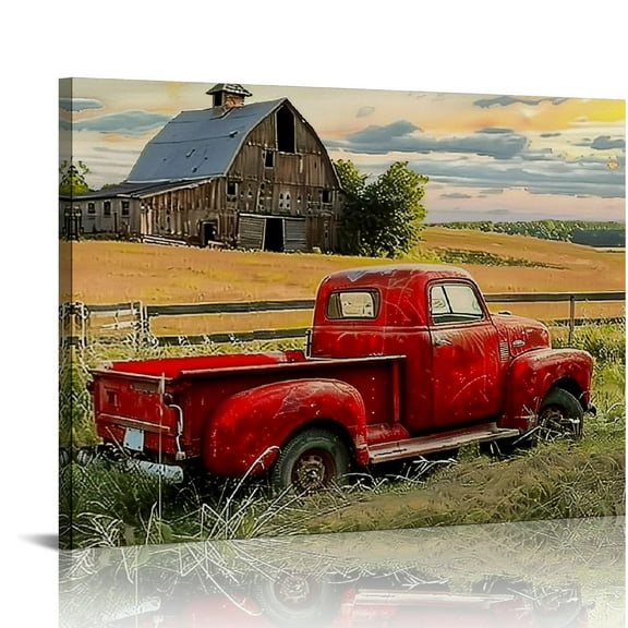 Shiartex Farmhouse Red Truck Wall Art Country Old Barn Windmill Pictures Wall Decor Canvas Prints Framed Modern Farm Car Sunset Painting Artwork for Kitchen Bathroom Dining Room Office 20x16in