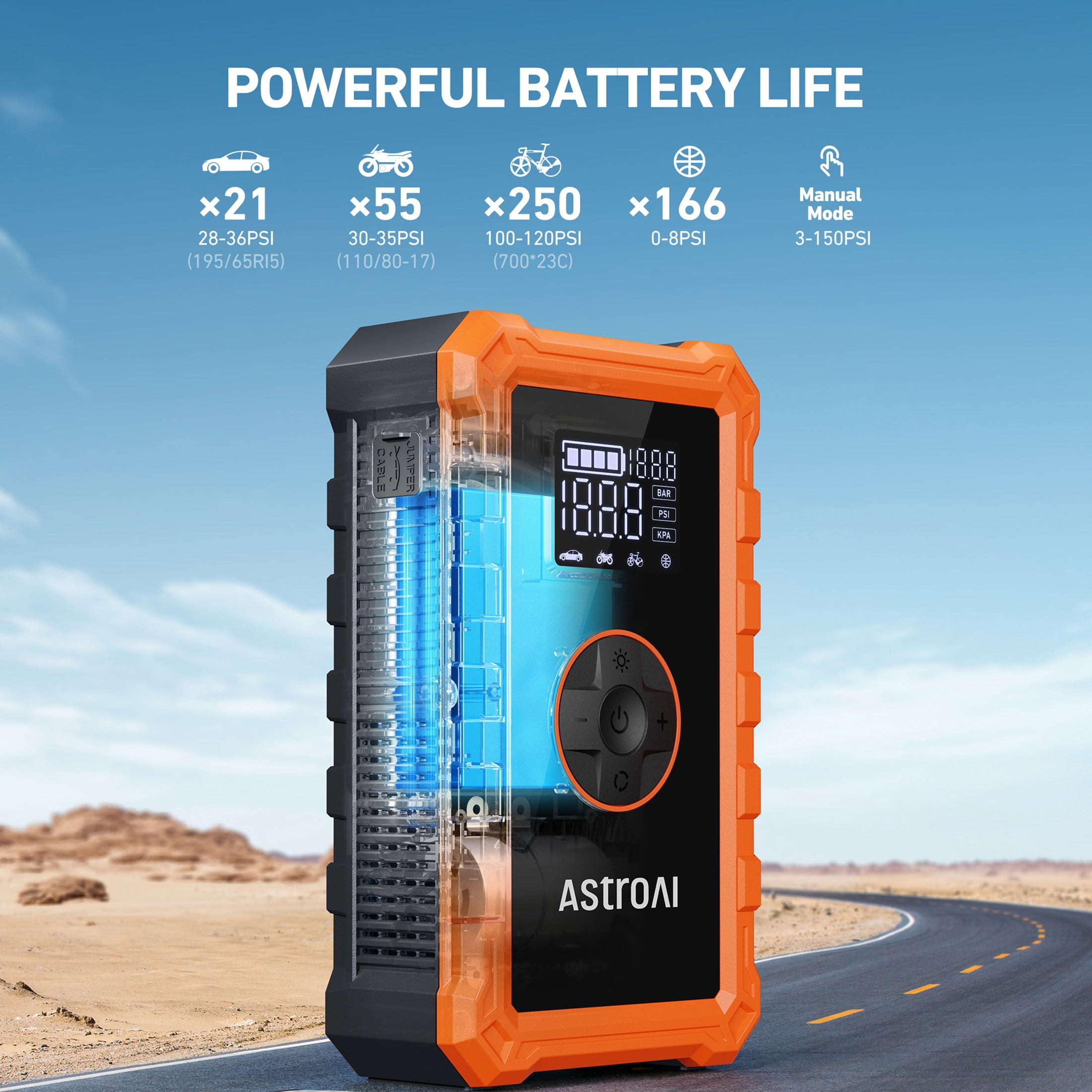 AstroAI Car Jump Starter with Air Compressor Tire Inflator,3000A Battery Portable Jumper Cables with 150PSI Cordless Tire Pump Air Pump, 12V Battery Charger Booster, 9.0L Gas & 6.5L Diesel Engines