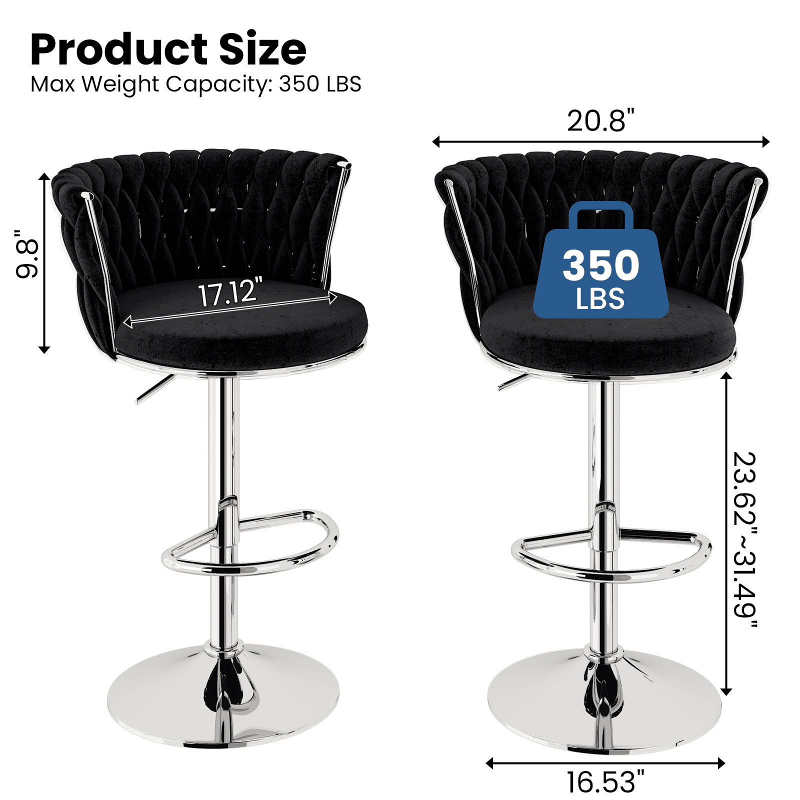 Baxluxe Swivel Bar Stools Set of 2, Velvet Counter Height Bar Chairs with Footrest, Adjustable High Stools Bar Chairs with Metal Base, Island Stools Bar Height Chairs for Kitchen Island, Pub, Black