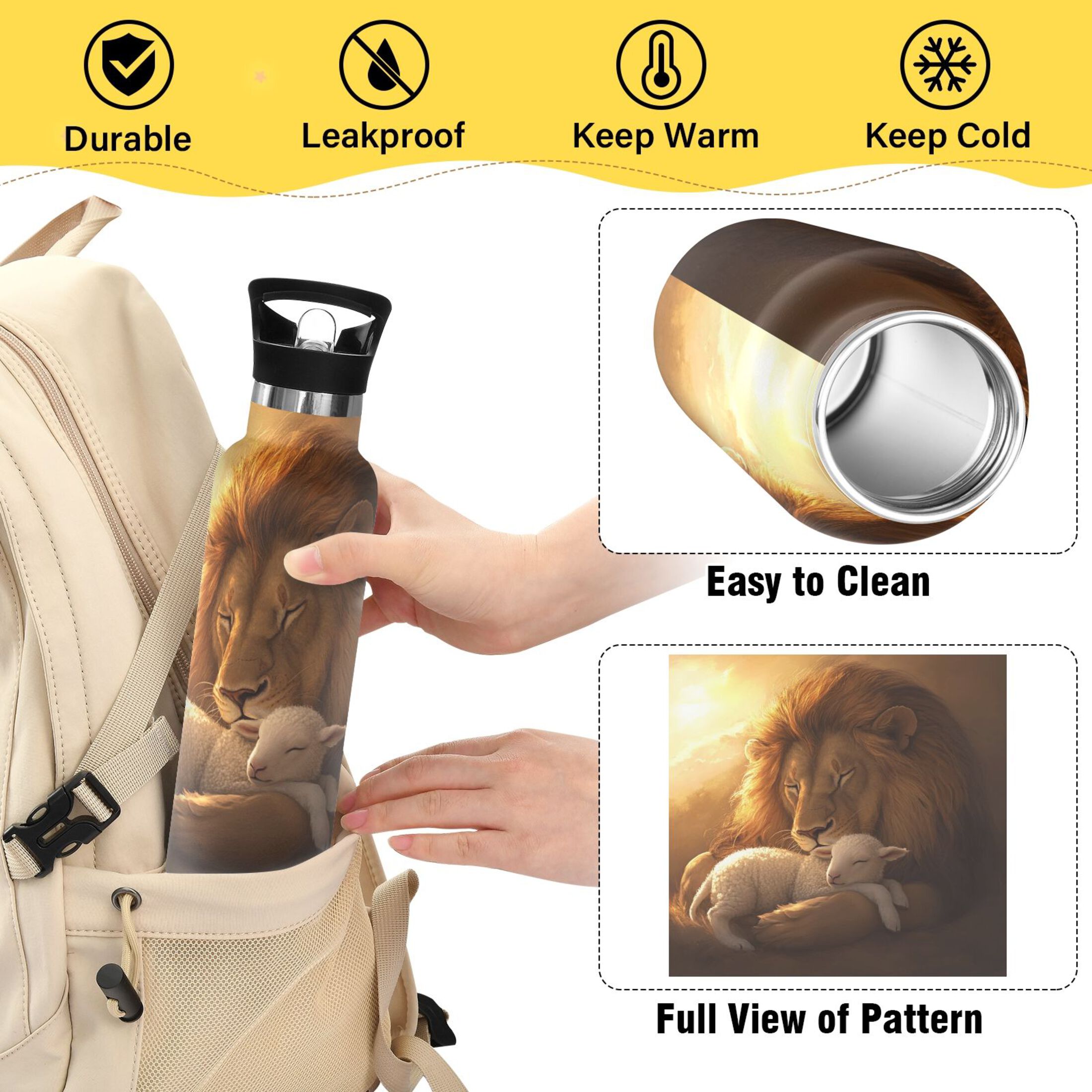 600ML Stainless Steel Insulated Cup Sports Water Bottle Portable Thermos Cup Water Glasses Insulated Tumblers Convenient and Durable Sleeping Lions and Sheep