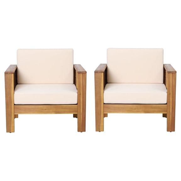 Rabun Outdoor Acacia Wood Club Chairs with Cushions (Set of 2), Teak and Cream
