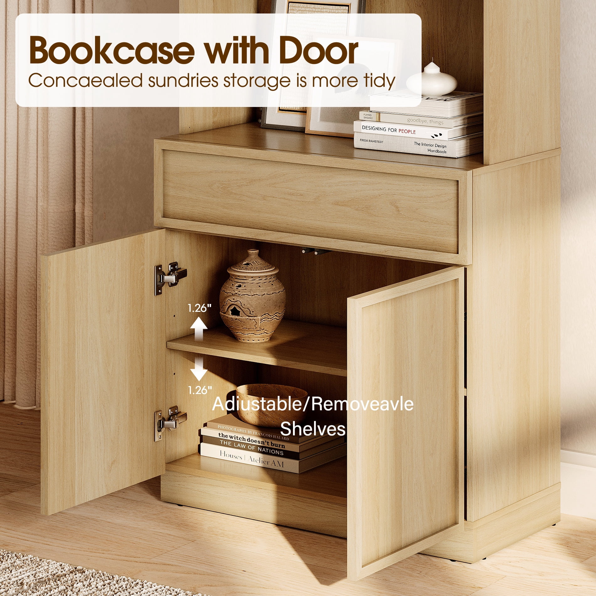 Modern 72" Tall Bookcase with Doors, Drawers & Adjustable Shelves, Wood Bookcase with Storage Cabinet and Open Shelving,Oak