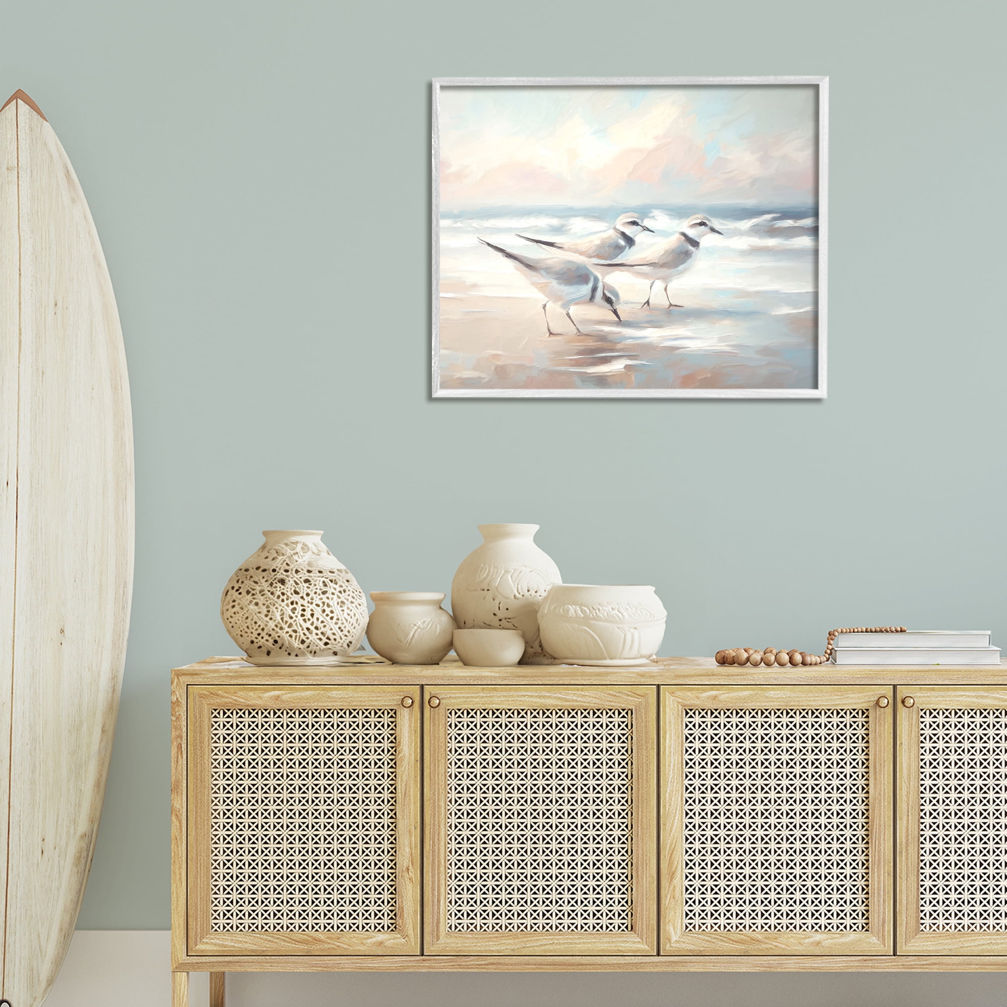 Stupell Industries Bay with Beach Birds Coastal Painting White Framed Art Print Wall Art, 30 x 24