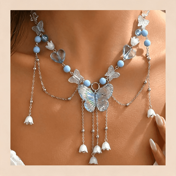 DESIGNICE Layered Butterfly Charm Necklace for Women,Y2K Purple Fairy Necklace Elf Jewelry Accessories,Beaded Crystal Choker Necklaces Fairy Necklace