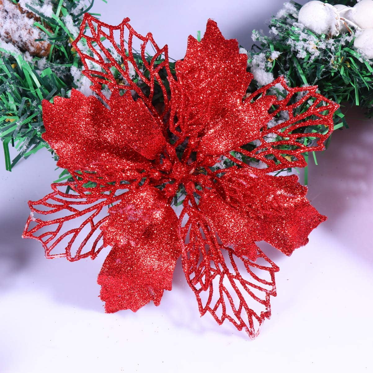 10Pcs Glitter Poinsettia Flower Christmas Wreath Tree Decorations Xmas Gift 13cm 