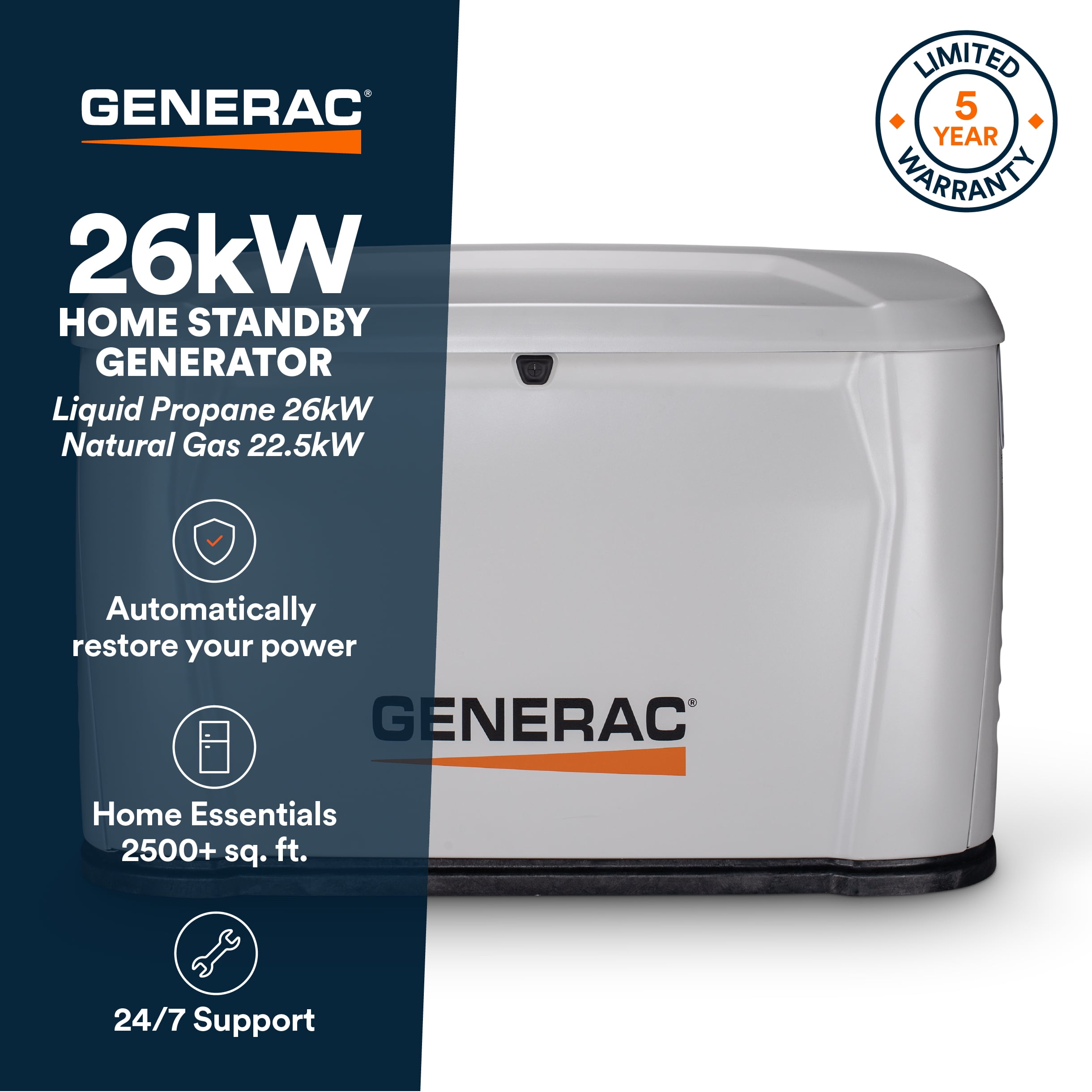 Generac 26kW Home Standby Generator, cellular connectivity, easy to use, whole house power backup, smart outage solution
