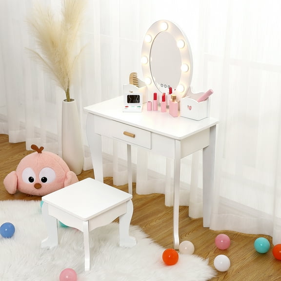 Kicctian Lighted Mirror Kids Vanity Table and Chair Set, Wooden Princess Makeup Dressing Table with Stool, Storage Drawer and Compartments,White