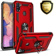 Samsung Galaxy A21 Case, With [Tempered Glass Screen Protector Included], STARSHOP Drop Protection Ring Kickstand Cover- Red