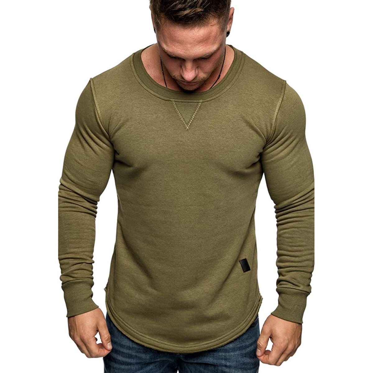 Men Fall Casual Slim Fit Sweater Solid Color Round Neck Long-Sleeved Basic Shirt 