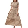 thumbnail image 3 of VISgogo Vestido largo para mujer, cuello redondo, manga corta, cintura elástica, estampado floral, estilo bohemio, vestidos casuales VISgogo moda, 3 of 6