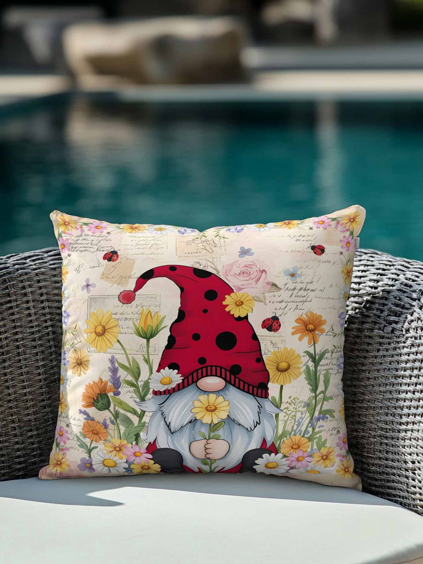 Outdoor Pillows Waterproof, Farmhouse Gnomes Bedding Throw Pillows with Insert for Couch Sofa Bed, Vintage Pastoral Daisy Floral Country 16x16 Inch Pillowcases Decorative Patio Pillow Set of 1